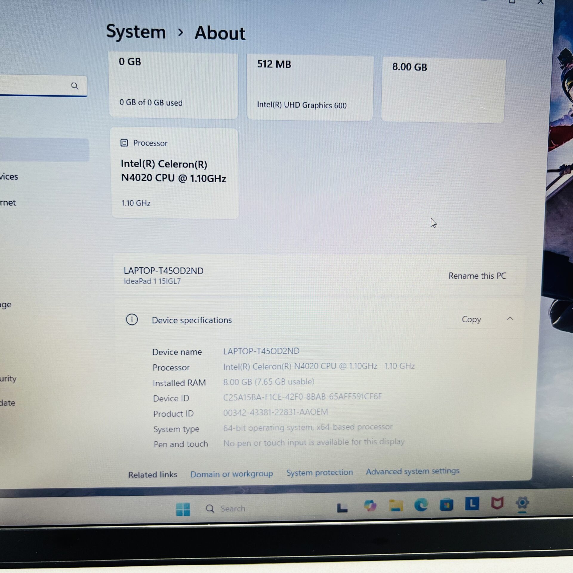 Lenovo Ideapad 1 15AMN7 "Celeron N4020" 1.10GHz 8GB RAM 256GB SSD NVMe Silver (Grade B) - Image 15