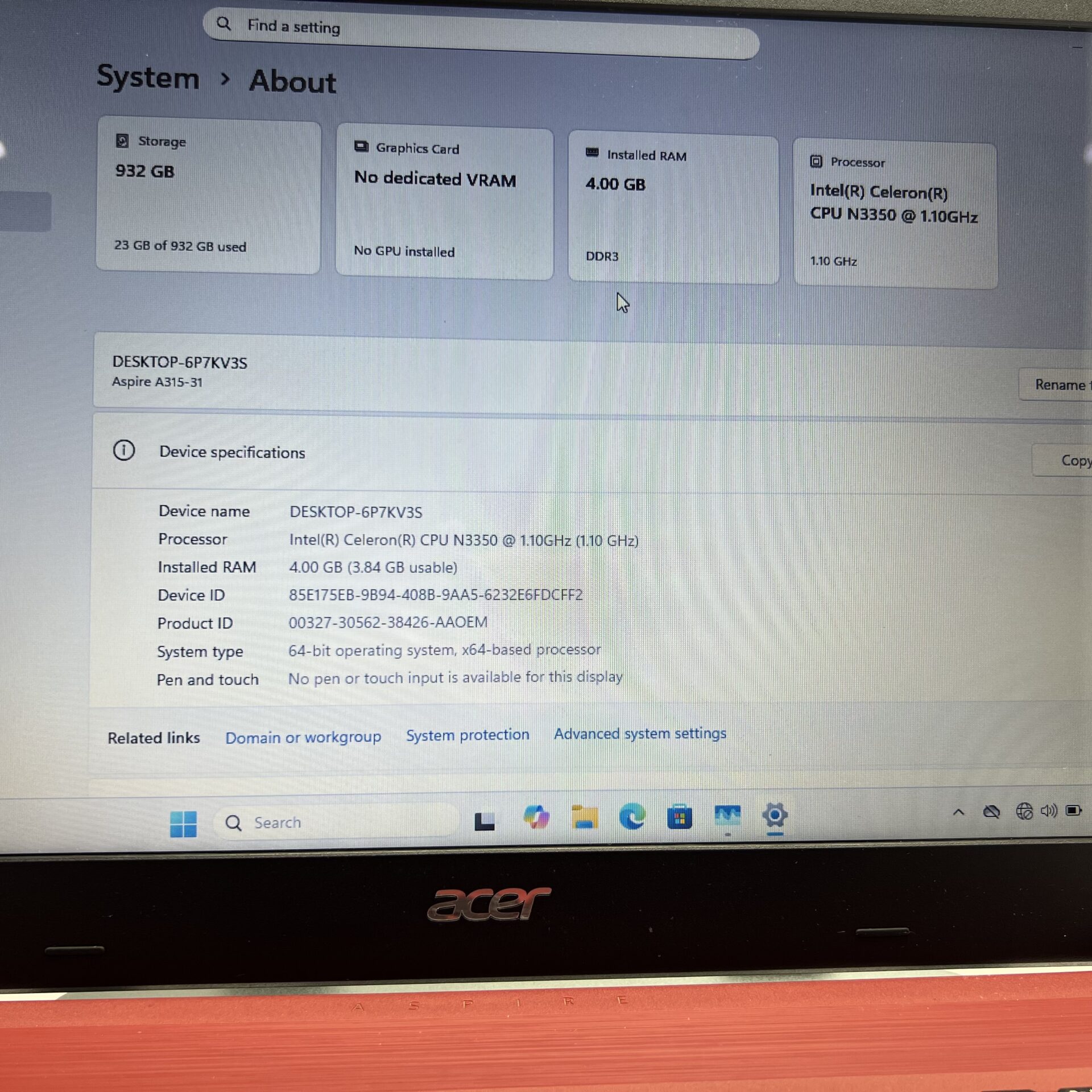 Acer Aspire 3 A315-31 "Celeron N3350" 1.10GHz 8GB RAM 1TB SSD SATA Red (Grade B) - Image 12