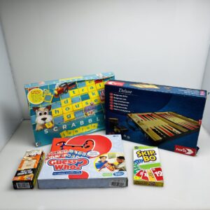 COMBO DEAL: Jenga Mini + Noris Backgammon Deluxe + Scrabble Junior + Skip. Bo + Guess Who? (Condition: Good)