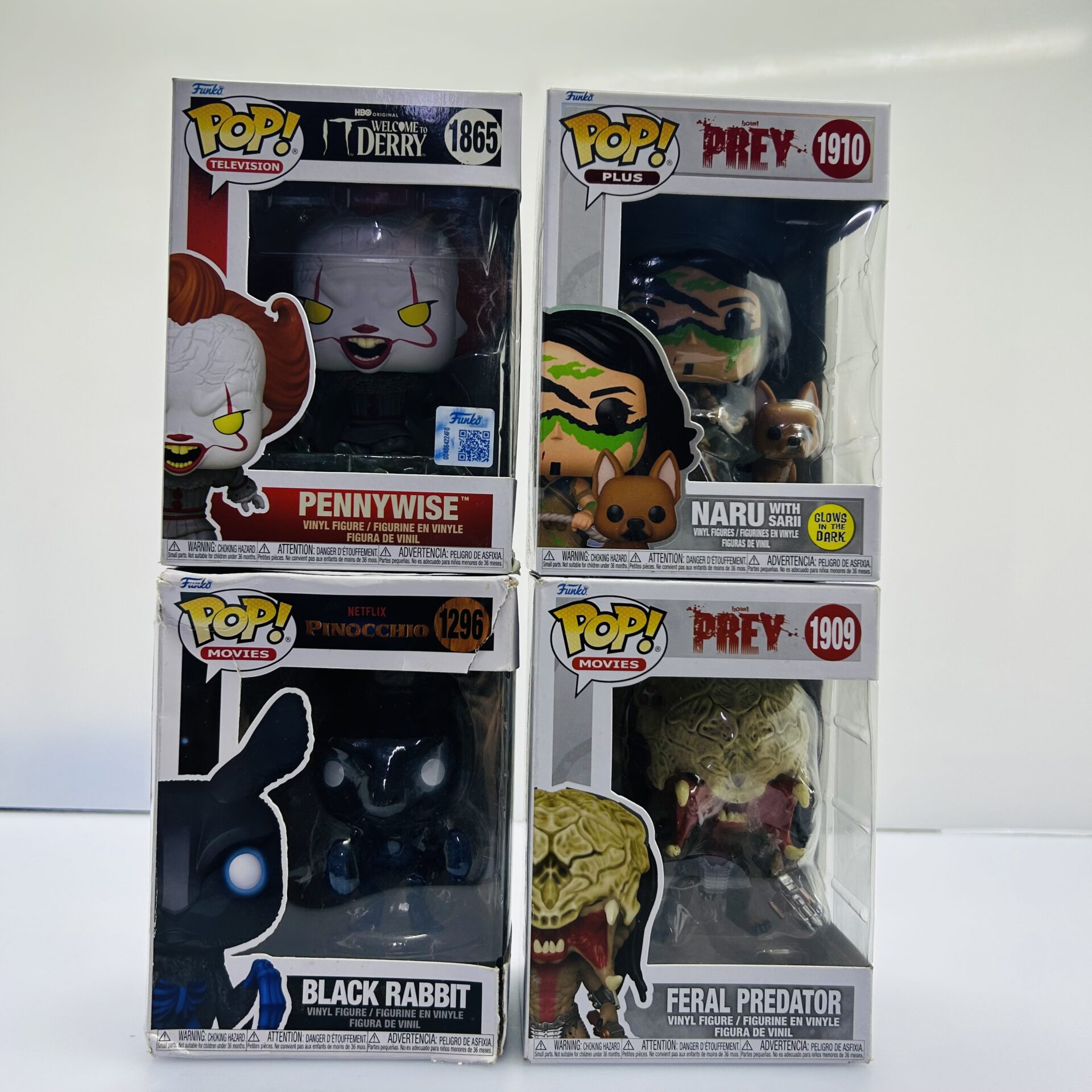 COMBO DEAL: Funko Pop Feral Predator 1909, Naru 1910, Pennywise 1865, Black Rabbit 1296 (Condition: Good) - Image 2