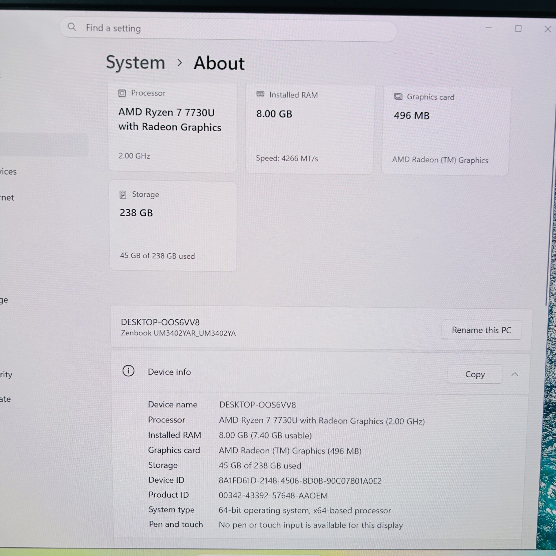 Asus Zenbook 14 UM3402Y "Ryzen 7" 2.00 GHz 8GB RAM 256GB NVMe SSD Ponder Blue + Kumara Mechanical Gaming Keyboard (Condition: Good) - Image 15